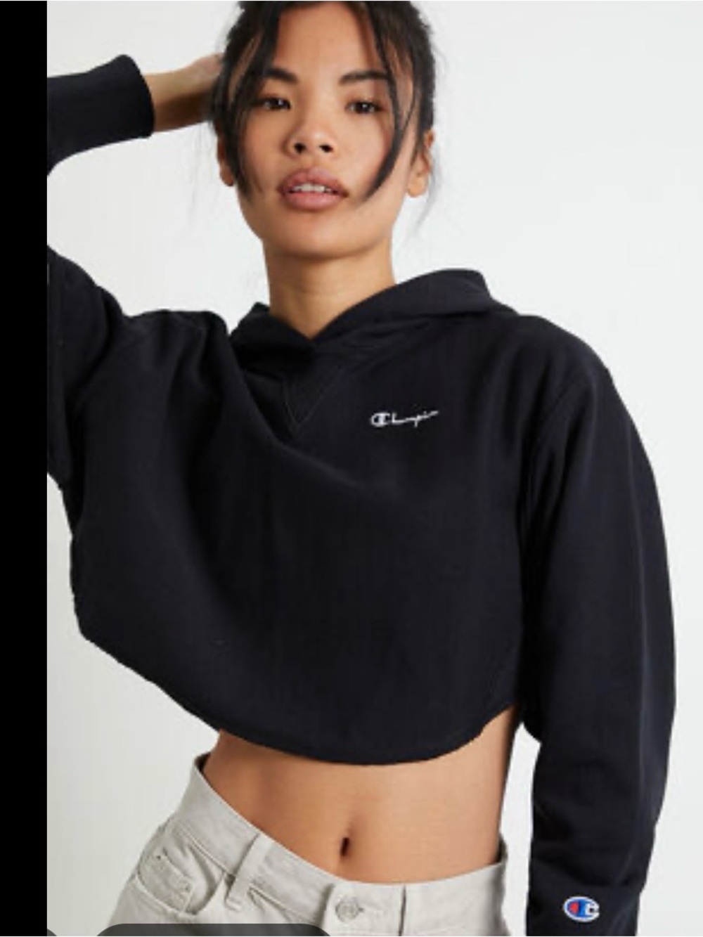 Champion Black Cropped Hoodie with Embroidered Logo